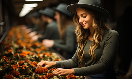A woman wearing a black hat gazes at a bunch of blooming flowers in a garden.の素材