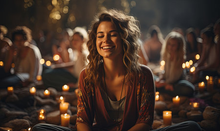 A woman sitting on the ground with candles illuminating the space around her.の素材