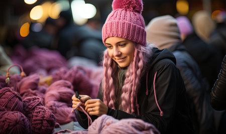 A woman wearing a pink hat is actively engaged in knitting a fabric with yarn in a cozy setting.の素材