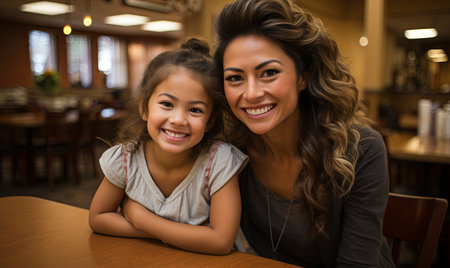 A woman and a little girl are seated at a table.の素材