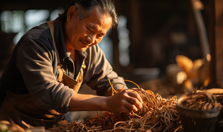 A man is focused on shaping a piece of wood with tools in a workshop.の素材