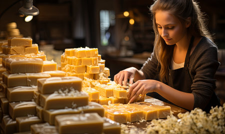 A female is arranging slices of cheese on a wooden table.の素材