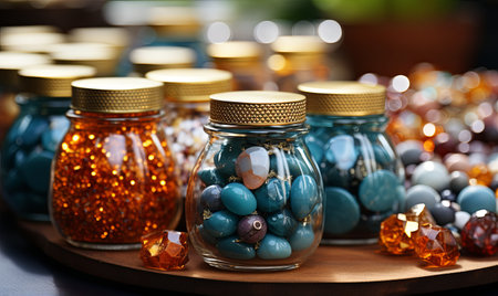 A table displaying an assortment of glass jars filled with colorful candy.の素材