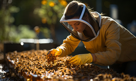 A woman wearing a bright yellow jacket and matching gloves.の素材