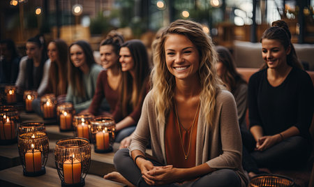 A group of women sitting on the floor with candles placed in front of them.の素材