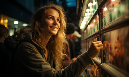 A woman examining various pictures displayed on a wall inside a room.の素材