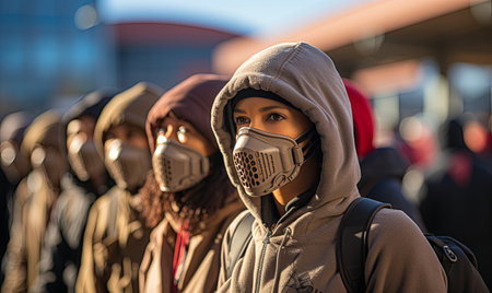 Crowd of individuals wearing protective gas masks in a group setting.の素材