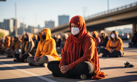 A diverse group of individuals sitting on the ground outdoors while wearing protective face masks.の素材