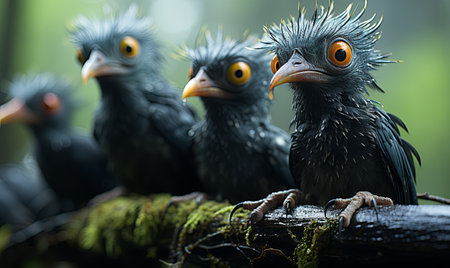 Several birds are perched on a tree branch, resting and observing their surroundings.の素材