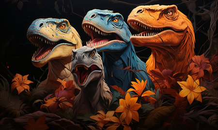 Various dinosaurs standing closely side by side in a group.の素材