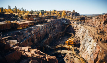 An aerial perspective of a large open-pit mine with a train moving through it, showcasing industrial activity.の素材