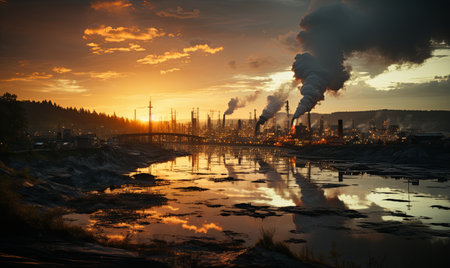 A billowing smoke into the air, a sign of industrial activity and pollution.の素材