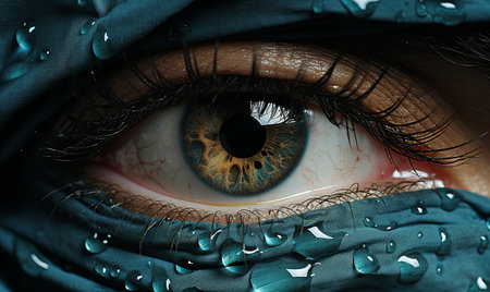 A detailed view of a persons eye reflecting water droplets, capturing a subtle shimmer.の素材