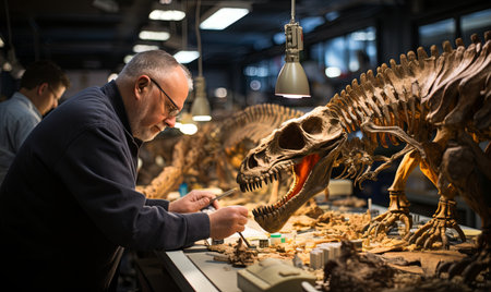 A man carefully reconstructs a dinosaur skeleton in a museum exhibit.の素材