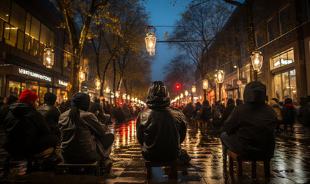 A diverse group of individuals sitting together on the edge of a sidewalk in an urban setting.の素材