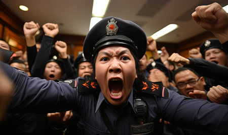 A cohesive group of police officers standing with their arms in the air in a unified display of solidarity.の素材