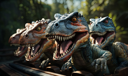 Group of dinosaurs riding on top of train tracks, showcasing an unusual and imaginative scene.の素材