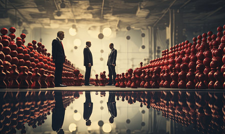 Two men are standing in front of a large quantity of red balls.の素材