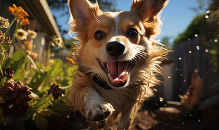 A dog happily running through a flower garden with its mouth open, surrounded by colorful blooms.の素材
