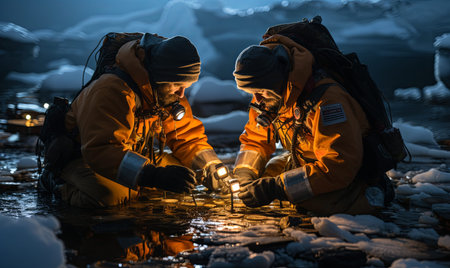 Two individuals wearing orange jackets are immersed in the water.の素材