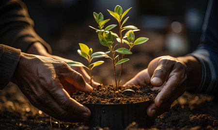 Hands holding small tree in dirt, planting with care and intention.の素材