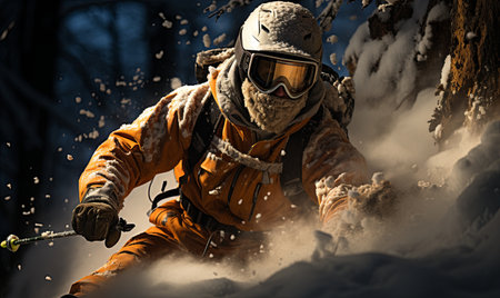 A man is skiing down a steep snow-covered mountain, carving through the powdery snow with skill and speed.の素材