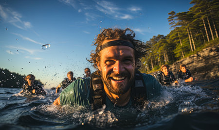 A collection of individuals engaging in swimming activities in a body of water.の素材