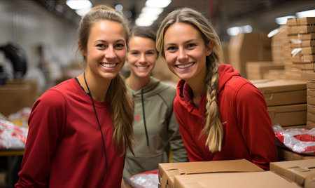 Three young girls standing in a warehouse, smiling for the camera.の素材