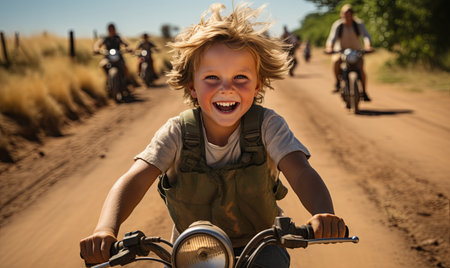 A young boy joyfully riding a motorcycle down a dusty dirt road.の素材