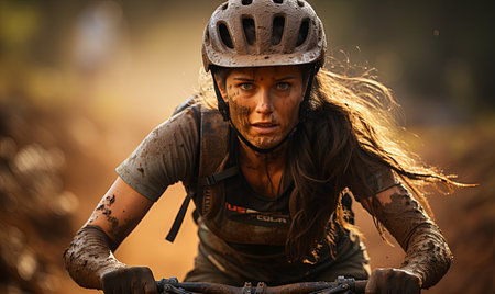 A woman rides a bike along a dusty dirt road.の素材
