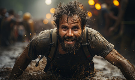 A man with wet hair and beard crawling in the mud.の素材
