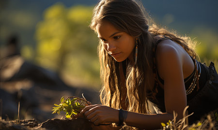 A woman kneels down, focused on looking at a plant in a close-up view.の素材