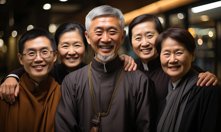 A diverse group of religious leaders from China and Taiwan standing next to each other.の素材