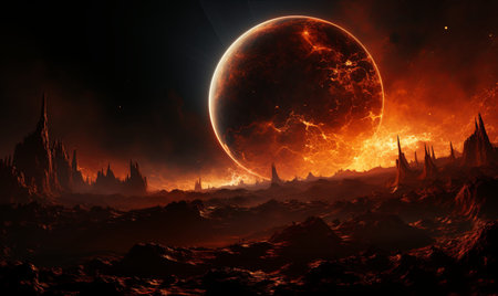 A large red planet surrounded by swirling lava and flames, an otherworldly scene of intense heat and fiery destruction.の素材