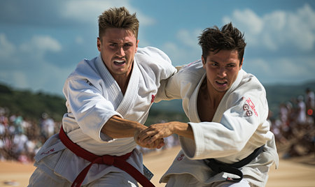 A couple of men standing next to each other on the sandy beach, enjoying the scenic view.の素材
