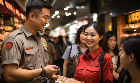Man in uniform conversing with woman in a bright red shirt.の素材