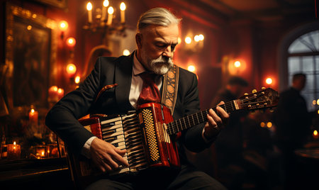 A man with a beard playing an accordion outdoors.の素材