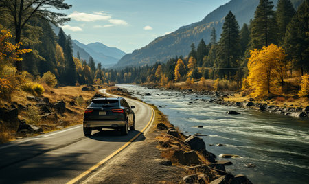A car travels down a road running parallel to a river, surrounded by scenic views.の素材