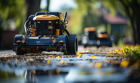 A lawnmower parked on the side of a road among grass and pavement.の素材