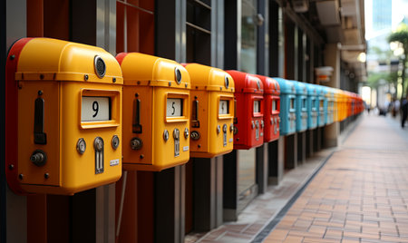 A line of vibrant mail boxes attached to the side of a building, creating a striking display.の素材