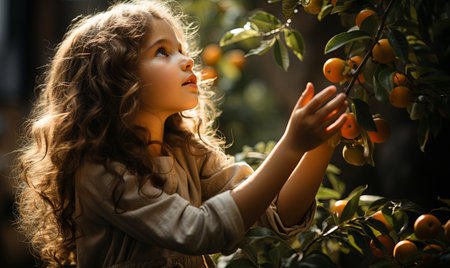 A young girl stands on a ladder, reaching for ripe oranges on a tree in a sunny orchard.の素材