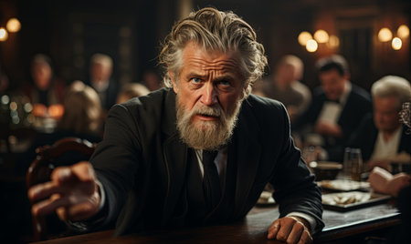 A man with a beard sits at a bar, looking at his phone and enjoying a drink in a casual setting.の素材