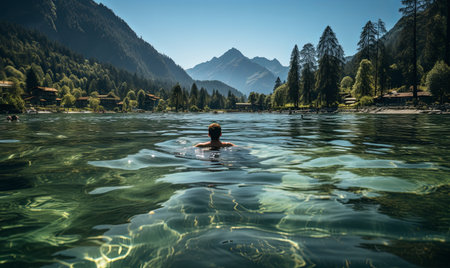 A person swims in a lake encircled by towering mountains in a scenic landscape.の素材