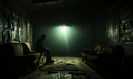 A man is seated on a couch in a dimly lit room.の素材
