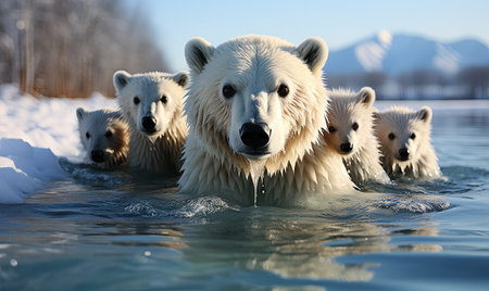 Group of polar bears navigating through water.の素材