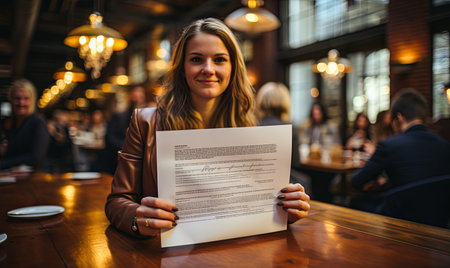 A woman sitting at a table, holding a piece of paper, possibly receiving a scholarship or grant.の素材