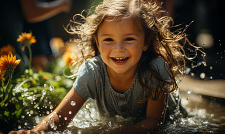 A little girl splashes and plays in the refreshing spring water.の素材