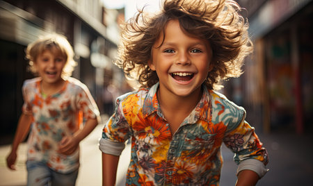 Two children are strolling along a city street, holding hands.の素材