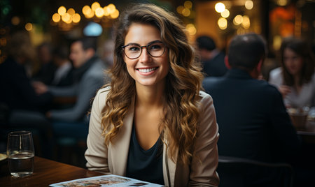 A woman sitting at a table, enjoying a glass of wine.の素材