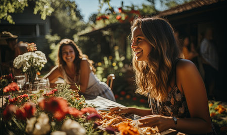 Two women are sitting at a table, enjoying a meal together with plates of food in front of them.の素材